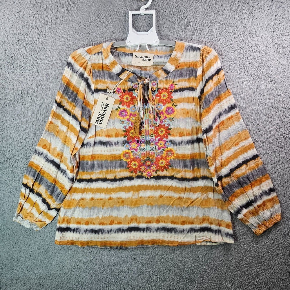 NEW Savanna Jane Top Blouse Women Medium Floral Embroidered Long Sleeve Striped